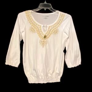 RXB Womens Top Medium Retro Embroidered Peasant Shirred Hem Keyhole Tassel